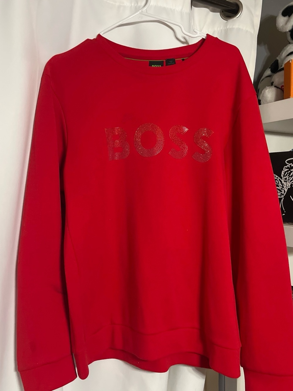 BOSS Red Crewneck Sweater with Rhinestone Logo